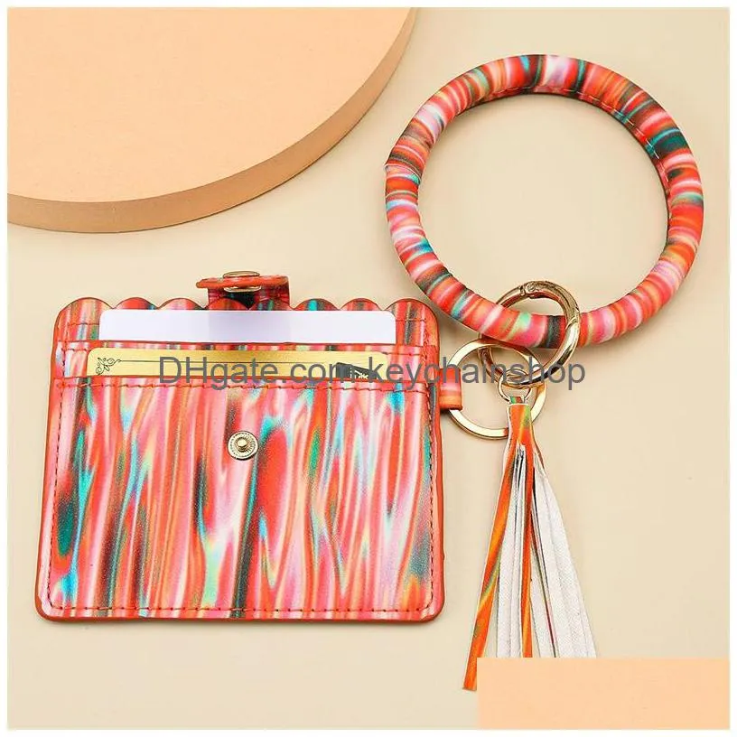 pu leather card bag keychains party bracelet keychain wallet with tassels string bangle key ring holder wristlet handbag