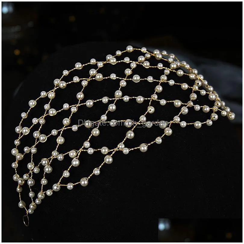 wedding hair jewelry baroque vintage gold color pearl mesh hairband headpiece handmade hollow out headband tiaras hair vines wedding hair accessories