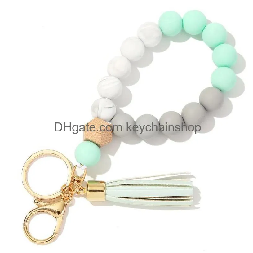 party favor keychain wood bead silicone beads with tassel string chain women girl key ring wrist bracelet