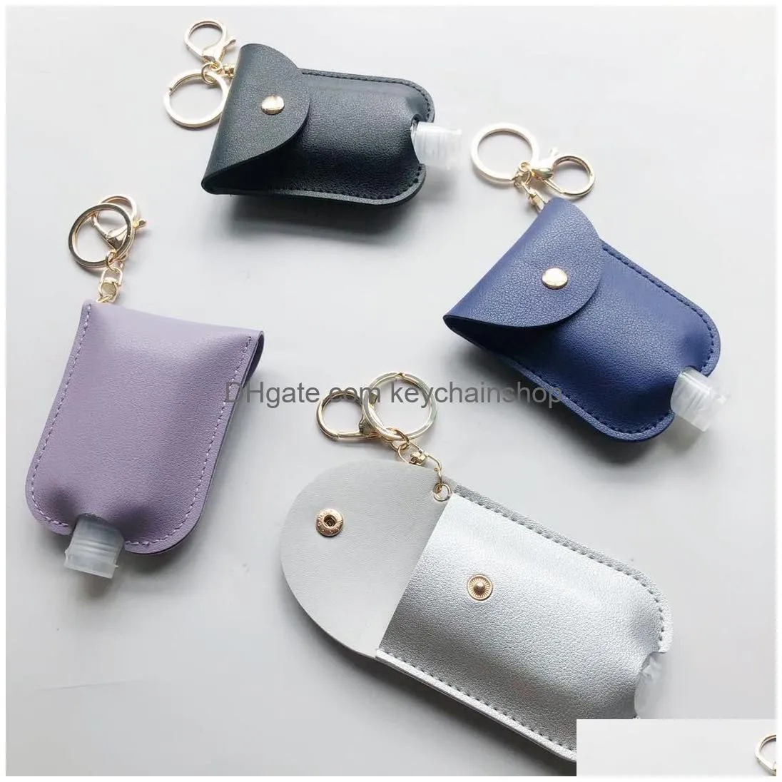 18 colors hand sanitizer holder with empty bottle keychain bags 30ml key rings pu leather hand soap bottle holder perfume bottle cover