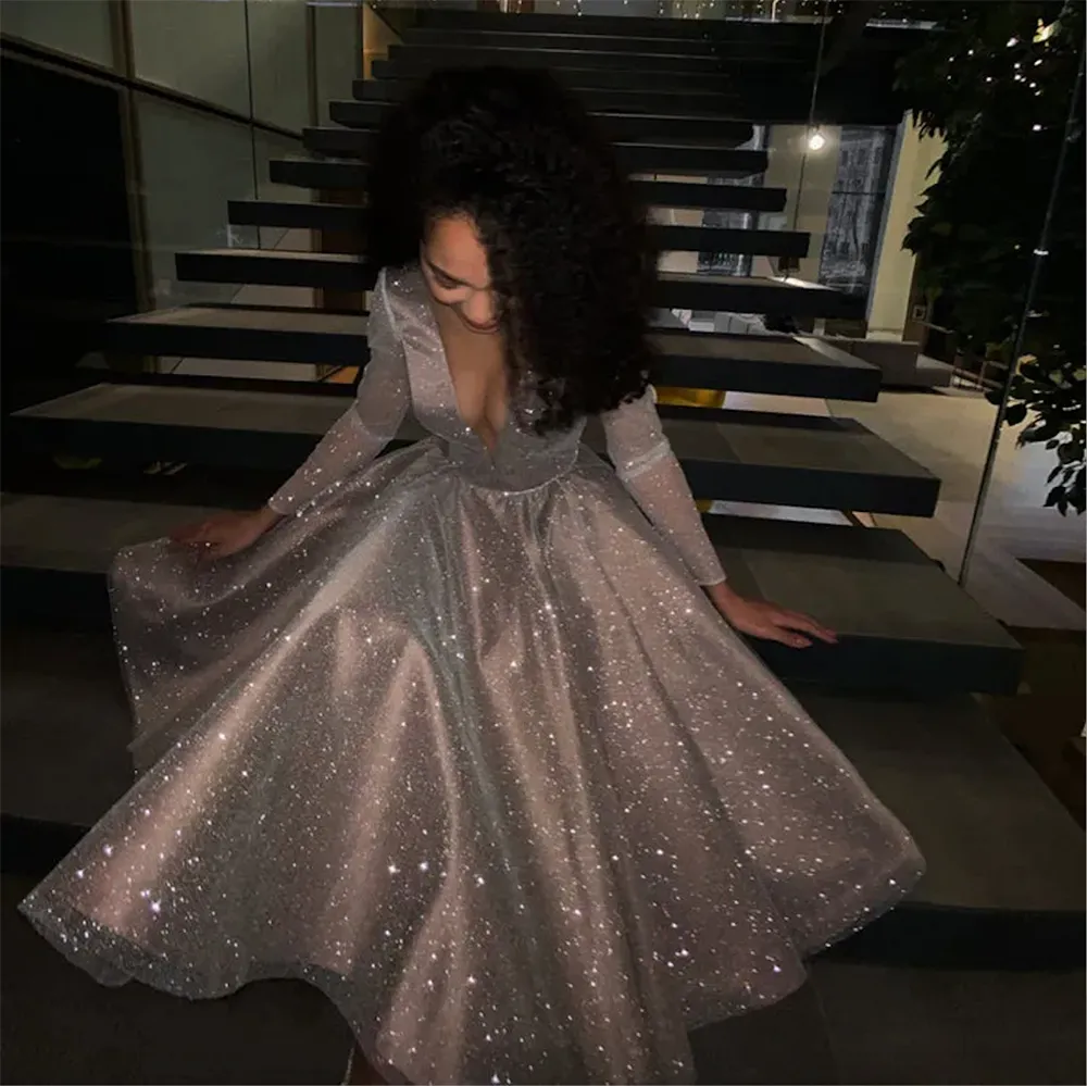 Sparkling Prom Dresses 2023 robe longue V- neck Long Sleeves Knee Length Formal Party Dress Evening Party Gowns vestido festa longo