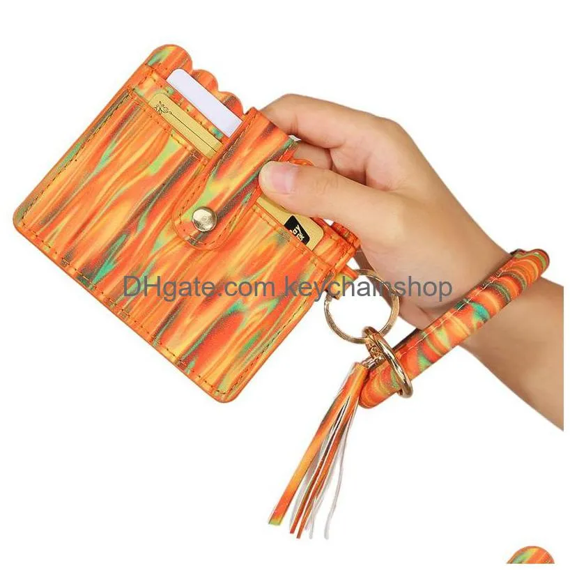 pu leather card bag keychains party bracelet keychain wallet with tassels string bangle key ring holder wristlet handbag