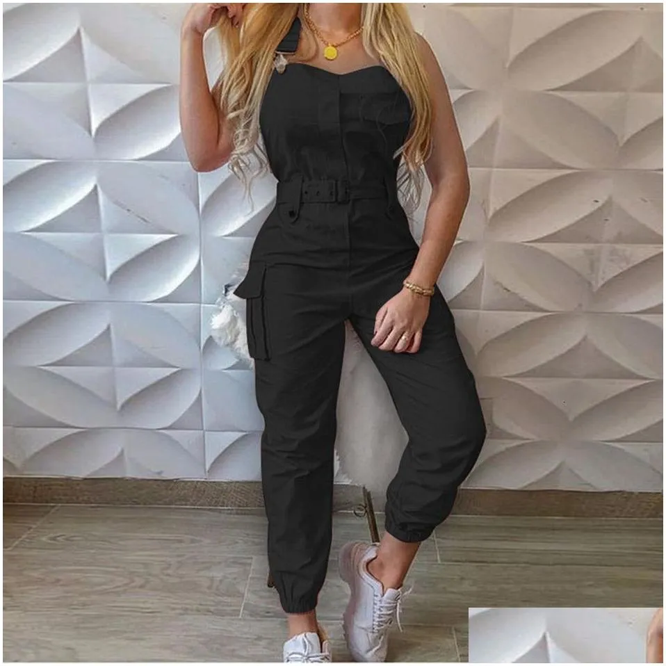 womens jumpsuits rompers womens bib pants overalls sleeveless adjustable straps cargo jumpsuit beam foot romper trousers with belt