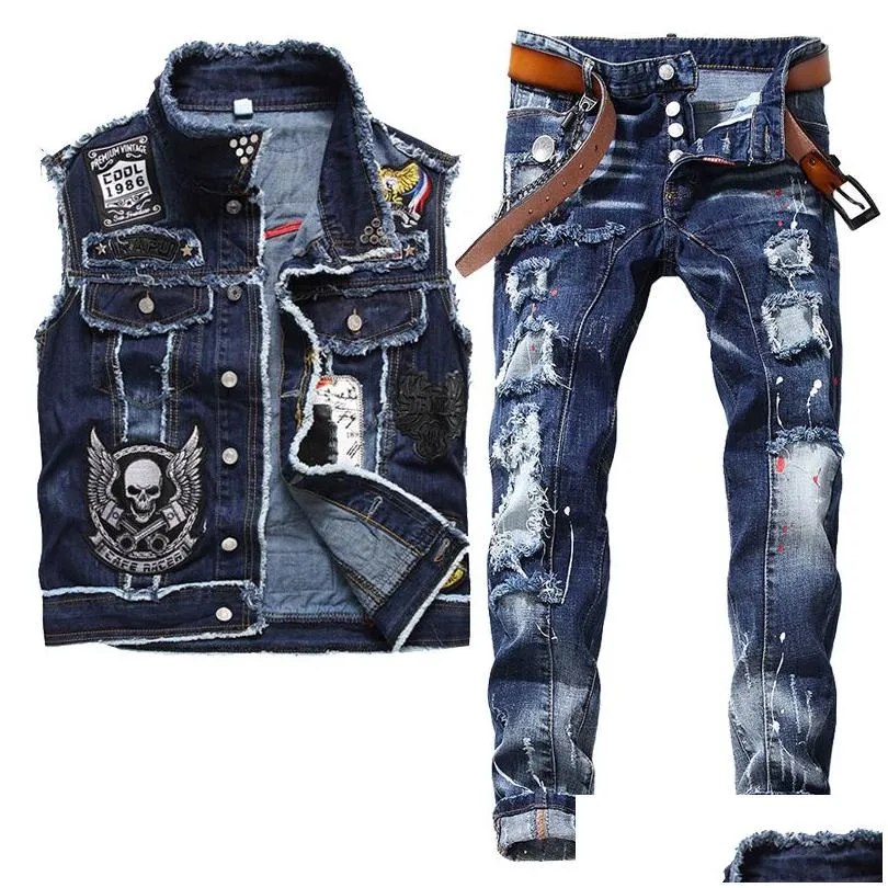 autumn tracksuits blue mens denim two piece set casual embroidery skull vest and ragged paint stretch jeans 2pcs sets conjuntos de