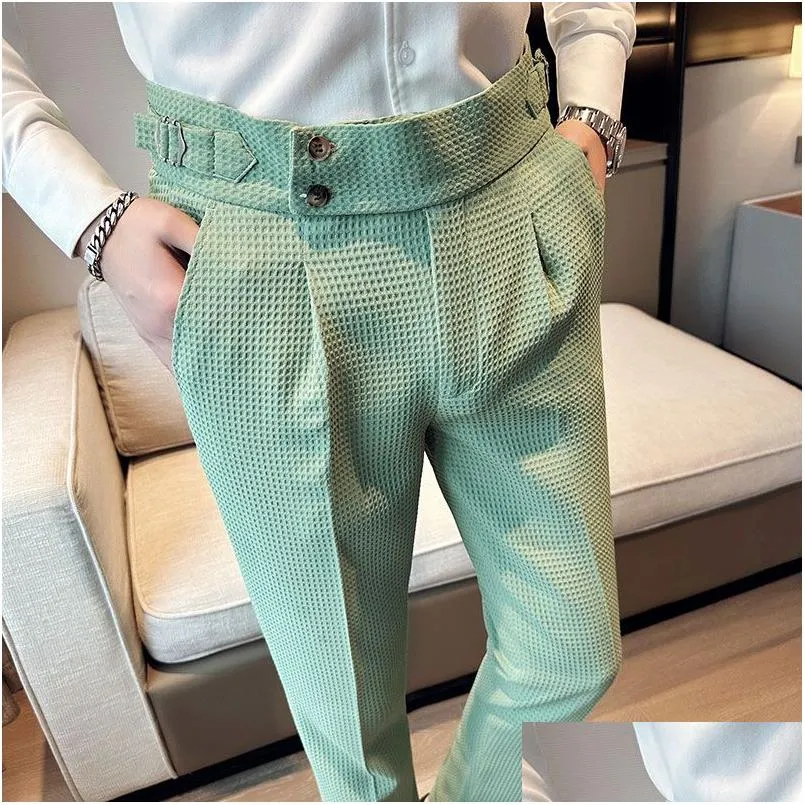 british style men high waist business dress pants fashion houndstooth office social suit wedding groom casual trousers 2836