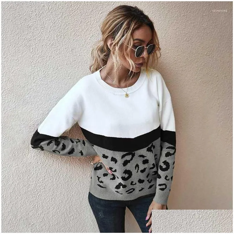 womens sweaters nedeins leopardwork warm winter 2022 ladies knitted sweater women oneck full sleeve jumper pullovers top khaki