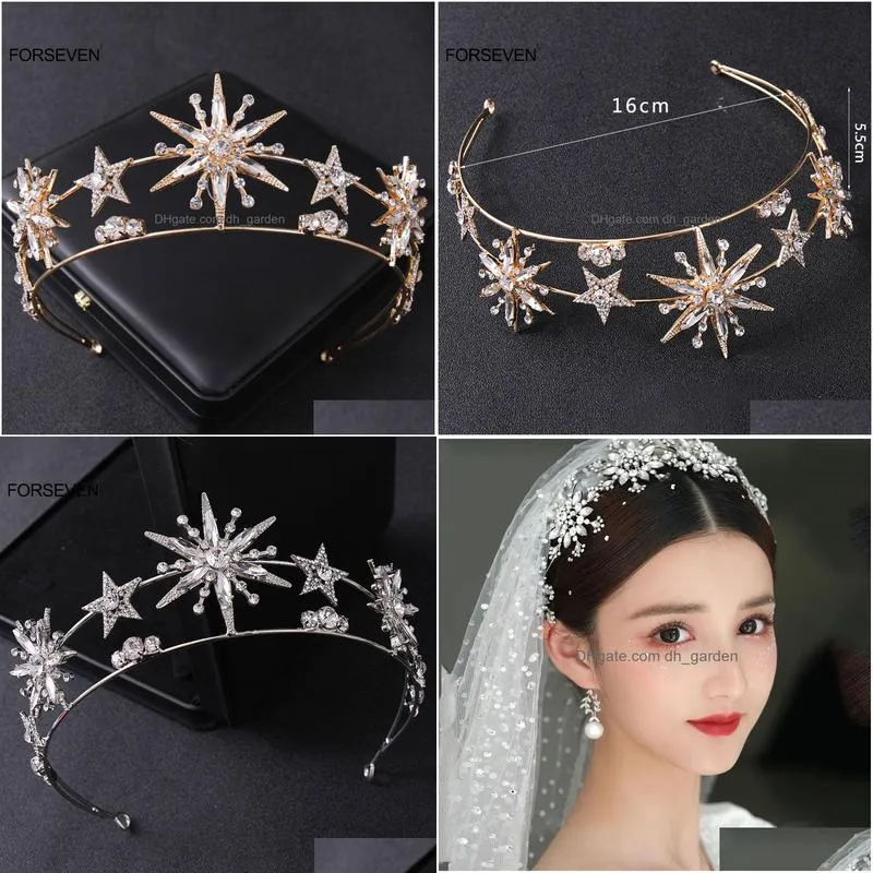 wedding hair jewelry baroque princess diadem bling star tiara and crown goldsilver color metal headbands for bride wedding hair jewelry