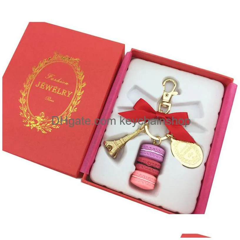 fashion macaron cake keychains party gift creative key ring wedding gift eiffel tower pendant keychains 6 styles with gift box