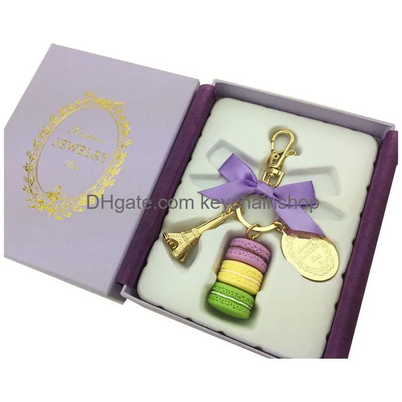 fashion macaron cake keychains party gift creative key ring wedding gift eiffel tower pendant keychains 6 styles with gift box
