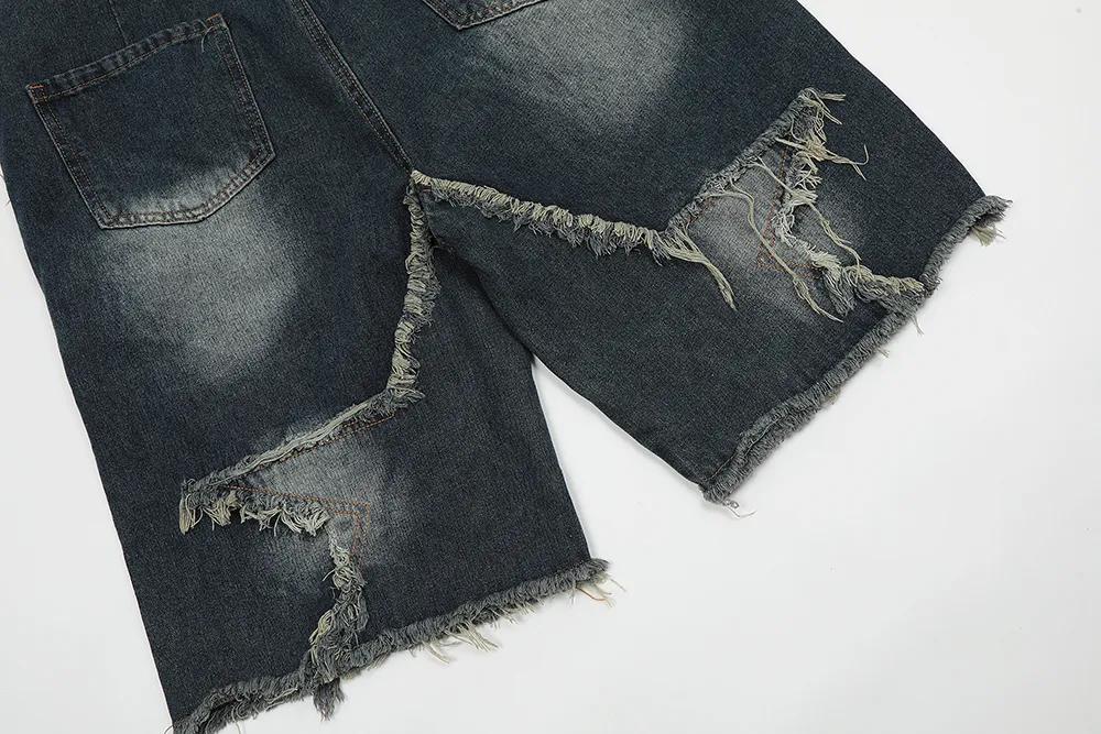 High Street Washed Vintage Patchwork Jeans Shorts for Men Straight Wide Leg Baggy Casual Summer Denim Knee Length Pants