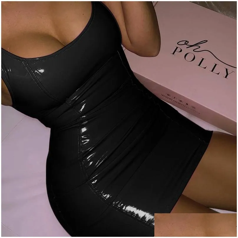 sexy pink pu leather bodycon dress summer women sleeveless low cut back zipper elastic mini party club dresses vestido