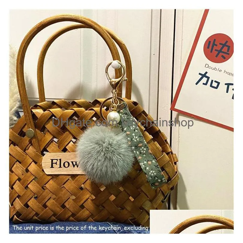 multicolor rabbit fur ball keychain favor creative floral ribbon keyring cute plush bag pendant pearl car key chain accessories dhs