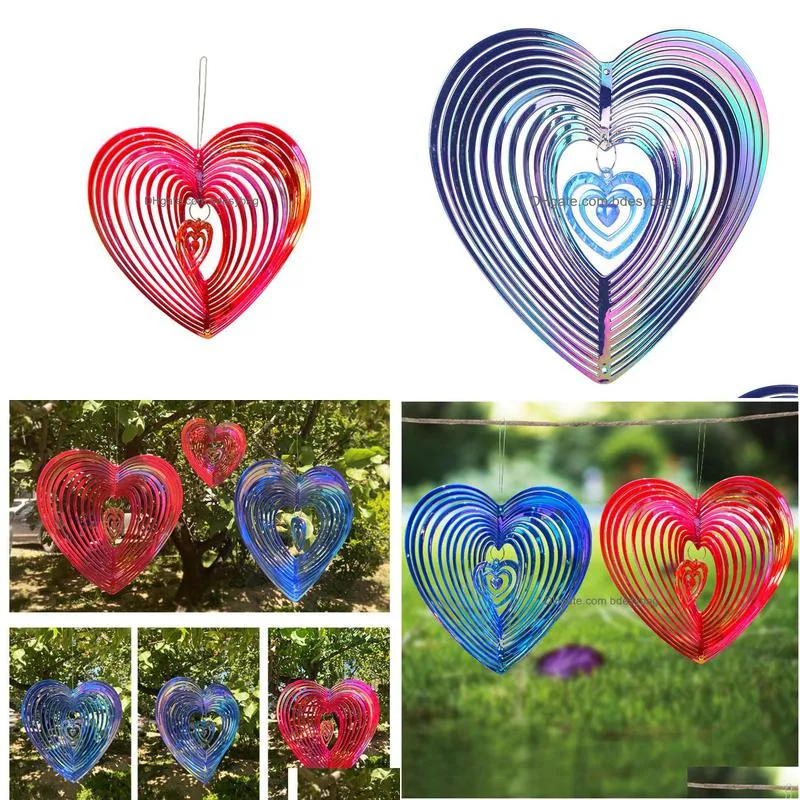 garden decorations 3d heart shape shiny wind spinner flowinglight effect design rotating wind chime home eaves hanging pendant decoration