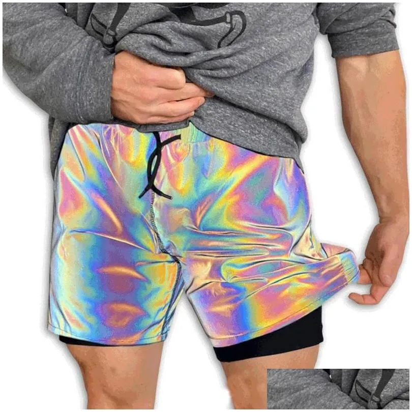 mens shorts rainbow reflective men short casual work night club running mens pants hip hop ourdoor workout jogger fashion oversize