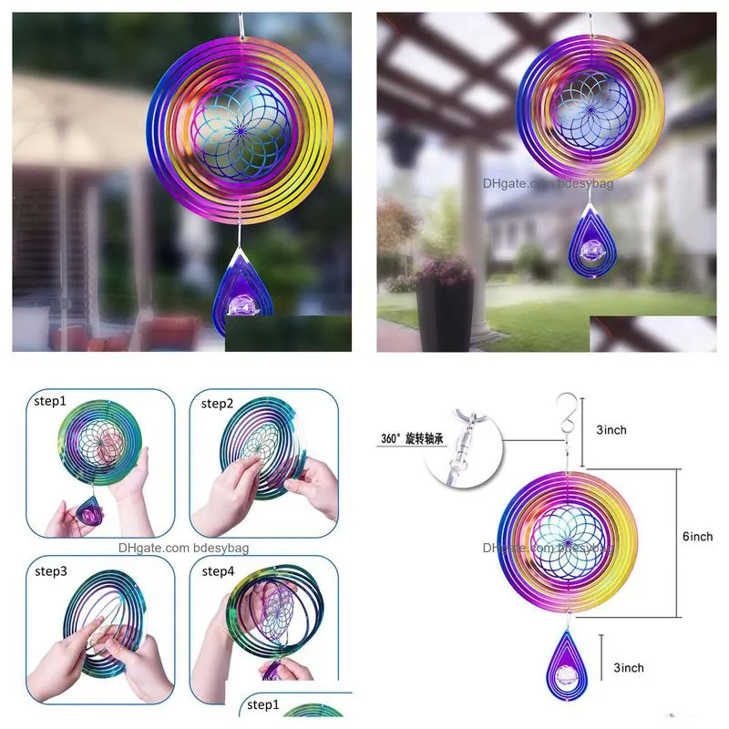 arts wind spinners 6 inch 3d rotating wind chime garden hanging stainless steel mirror reflective