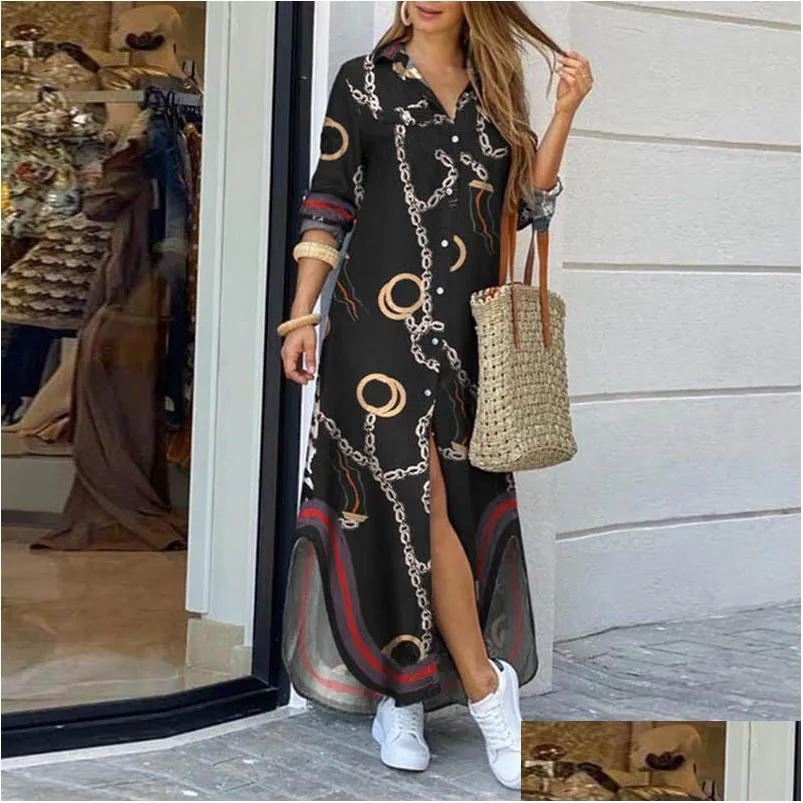 fashion women long sleeve shirt dress autumn printed ol long dresses laides turndown collar loose sundress party dresses y0118