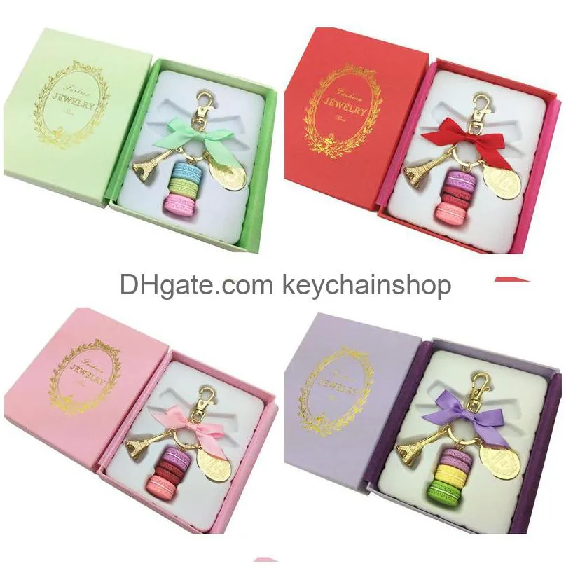 fashion macaron cake keychains party gift creative key ring wedding gift eiffel tower pendant keychains 6 styles with gift box