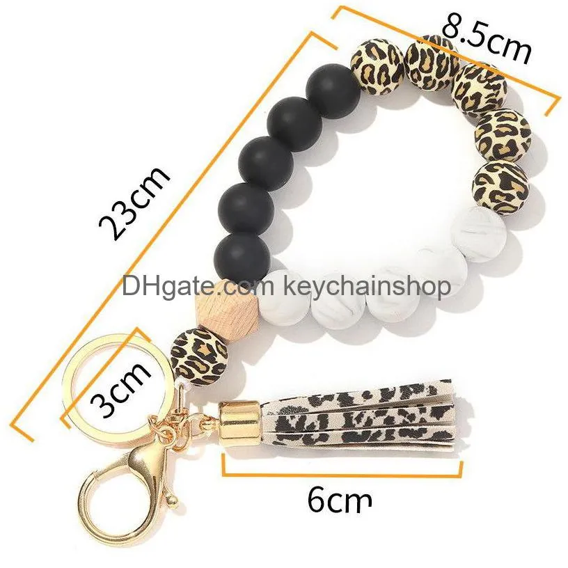 party favor keychain wood bead silicone beads with tassel string chain women girl key ring wrist bracelet