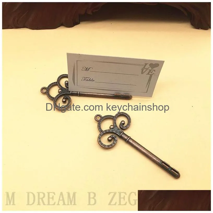 retro key place card holder antique bronze copper key table number stands table card holder wedding decoration