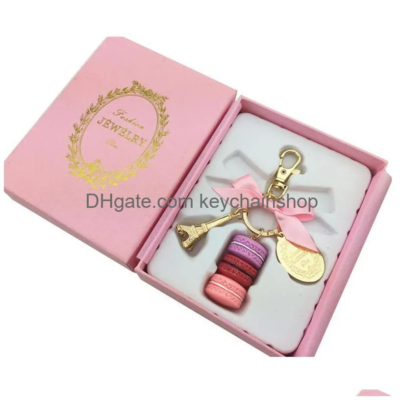 fashion macaron cake keychains party gift creative key ring wedding gift eiffel tower pendant keychains 6 styles with gift box