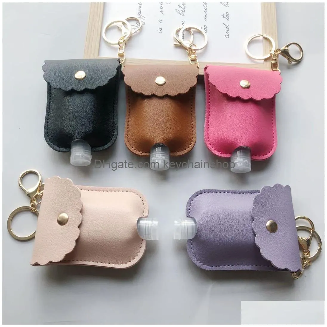 18 colors hand sanitizer holder with empty bottle keychain bags 30ml key rings pu leather hand soap bottle holder perfume bottle cover