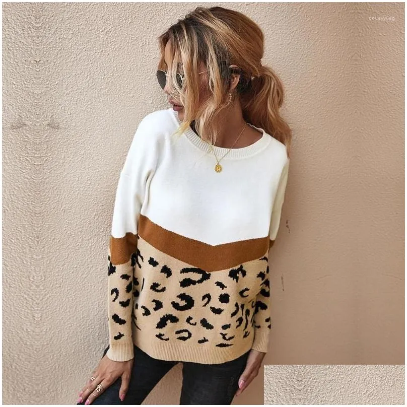 womens sweaters nedeins leopardwork warm winter 2022 ladies knitted sweater women oneck full sleeve jumper pullovers top khaki