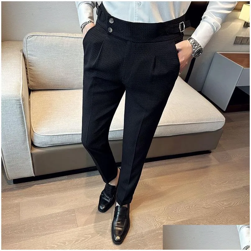 british style men high waist business dress pants fashion houndstooth office social suit wedding groom casual trousers 2836