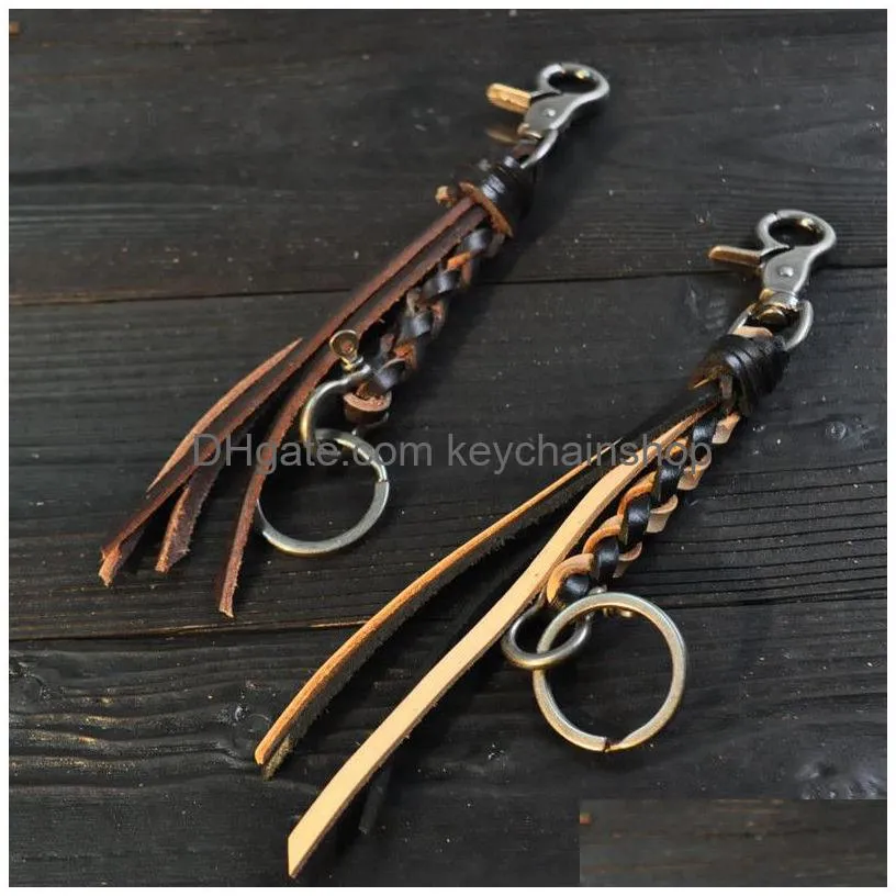 creative braided keychain leather tassel key chain american solid color key ring lobster buckle