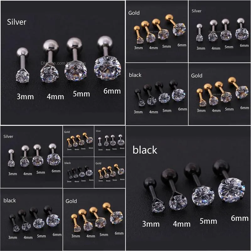 4 colors punk stud earrings medical stainless steel needle zircon crystal jewelry gift for men women