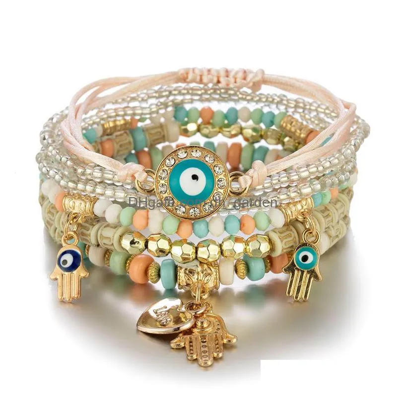 lucky hand of fatima evil blue eye charms multicolor bracelets bangles turkish multilayer beads boho statement women bracelet