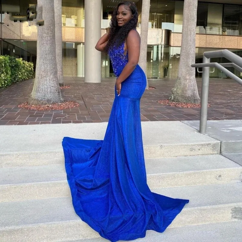 Gorgeous Royal Blue Prom Dresses 2023 Sheer Top Sparkly Beading Plus Size Black Girl Mermaid Party Gala Gowns