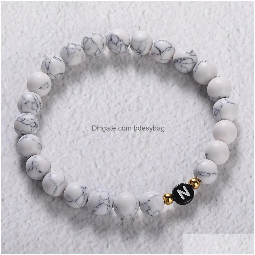 black white natural stone bead bracelet with 26 letters az diy friendship lucky bead bracelet couple kids family gift