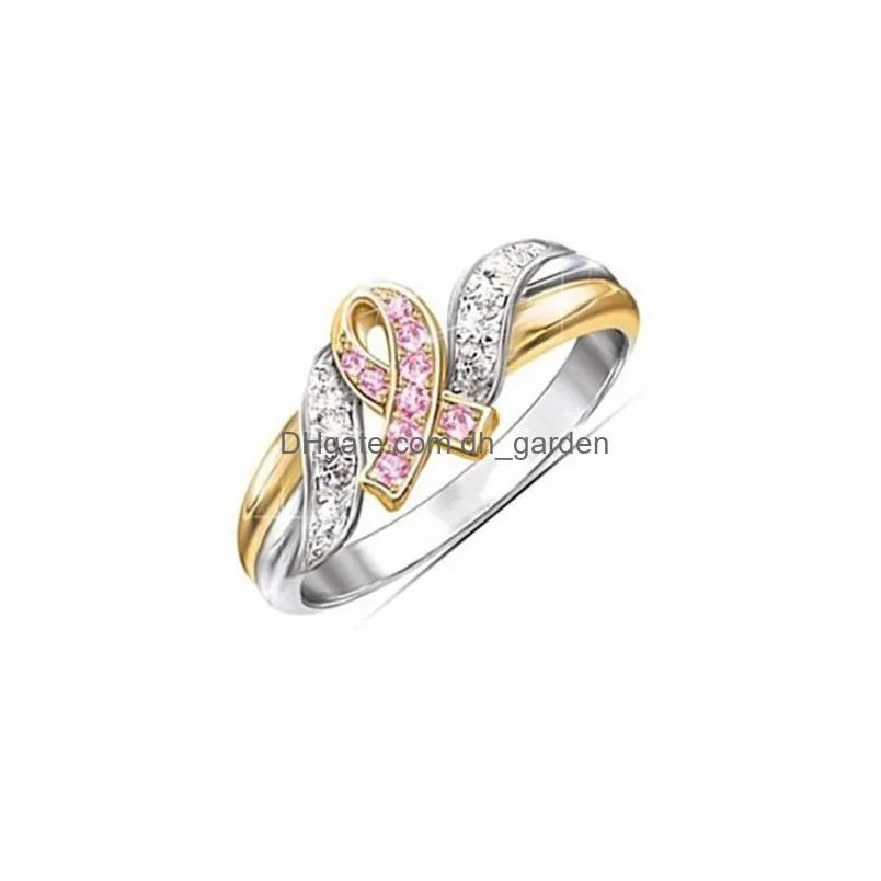 womens fashion twotone pink ribbon hope crystal zircon ring breast cancer awareness gift for girls