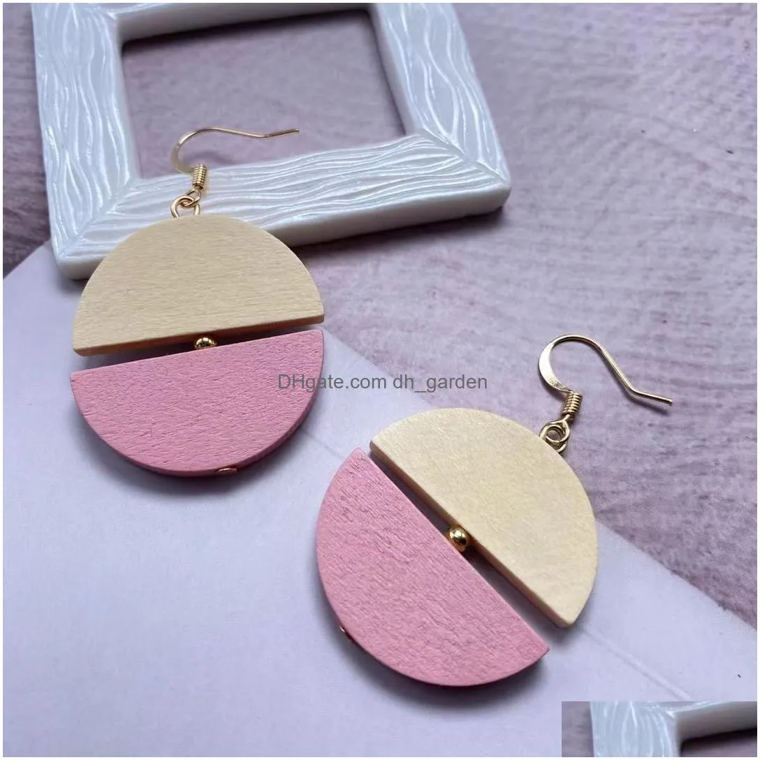 korean personality semicircular wood stitching contrasting color dangle earrings for women temperament round earring female jewelry