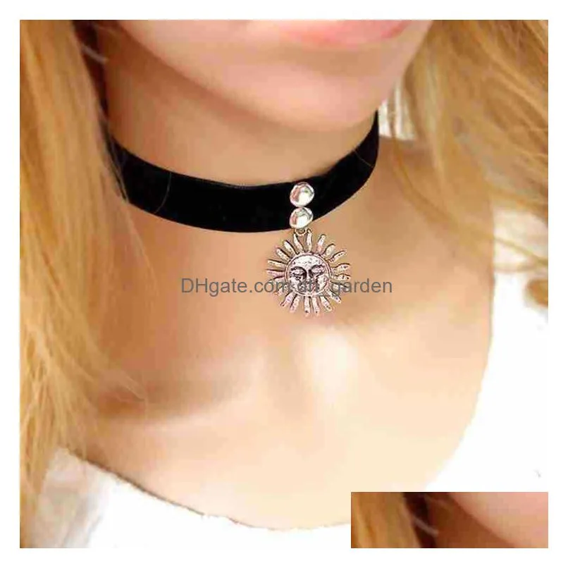 1pcs vintage women gothic leon the professional mathilda choker necklaces girls black velvet ribbon retro sun shaped chokers necklace