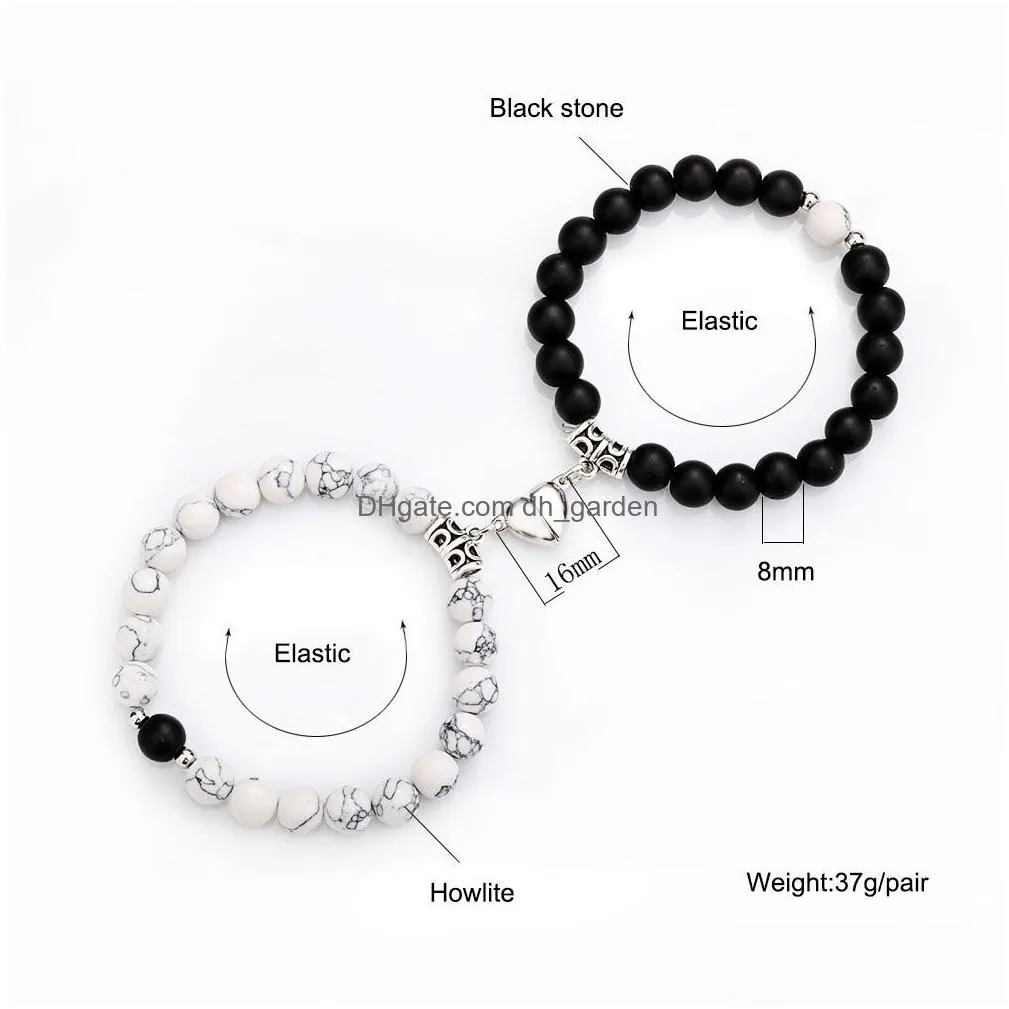 2pcs set creative magnet attract couple charm strand bracelets good friend lover 8mm natural stone beads crown stretch bracelet for