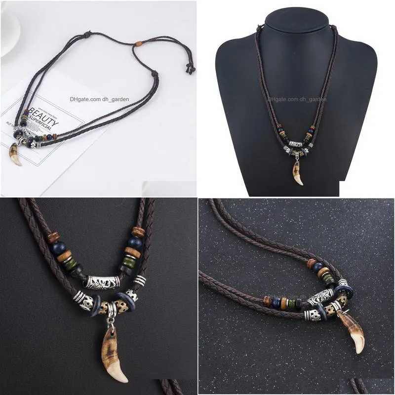 1pc mens bohemia tooth pendant leather beaded weaved necklaces christmas gift jewelry statement necklace