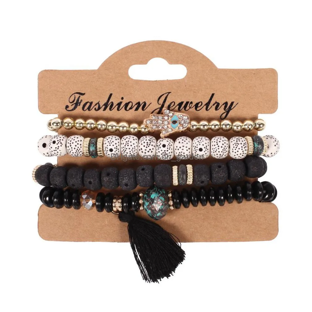 bohemian evil eye charm bracelts women natural stone wind bodhi tassel hand bead bracelet bangles fashion jewelry 4pcs/lot