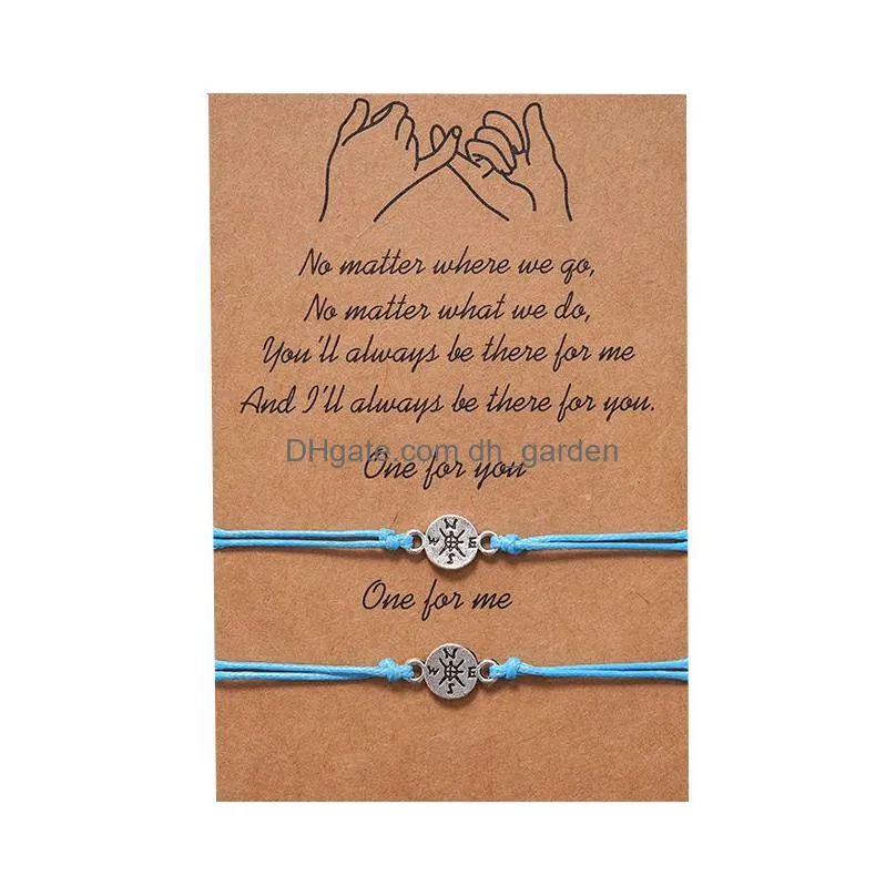 antique silver hollow compass charm strand bracelets set for women men fashion infinity make a wish adjustable braided bracelet with couple card jewelry wax