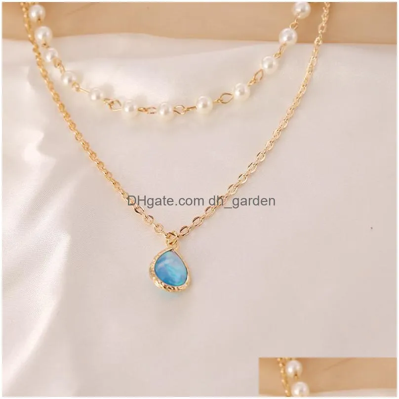 elegant imitation pearl water drop semiprecious stone pendant necklace women vintage geometric clavicle necklaces jewelry gift