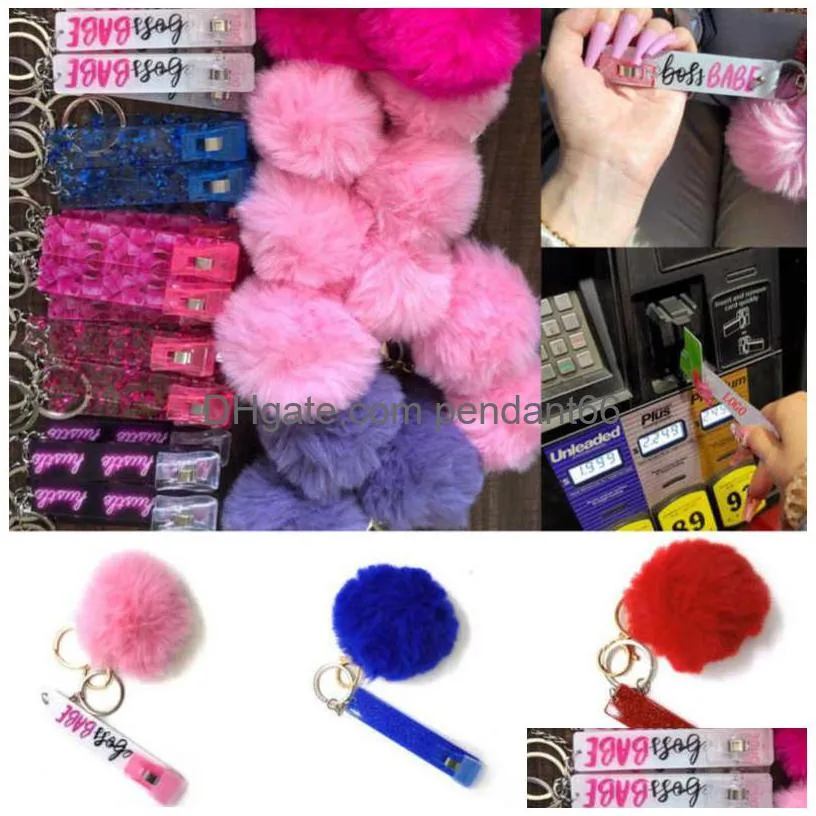 cute credit card puller pompom key rings acrylic debit bank card grabber for long nail atm rabbit fur ball keychain pink cards clip nails keychains 46