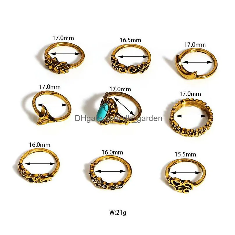 9 pieces set of personalized lady ring retro totem elephant turquoise lotus fish tail joint pattern casual party rings jewelry