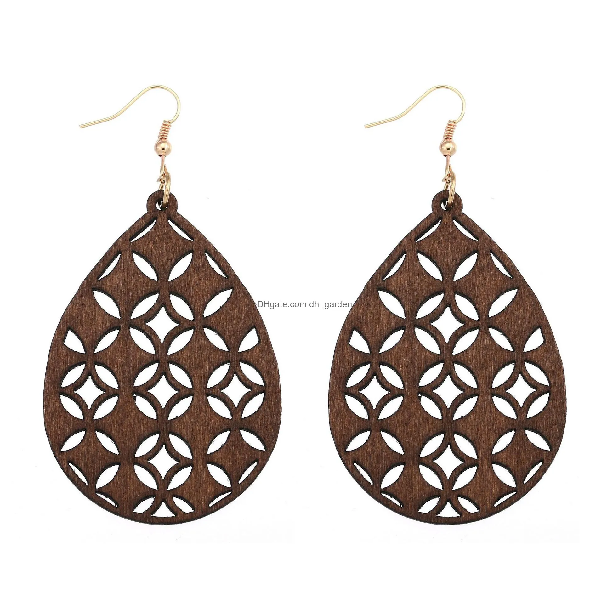 wooden water drops new design for hollow out wood dangle earrings fashion woman earring girls  jewelry national gifts