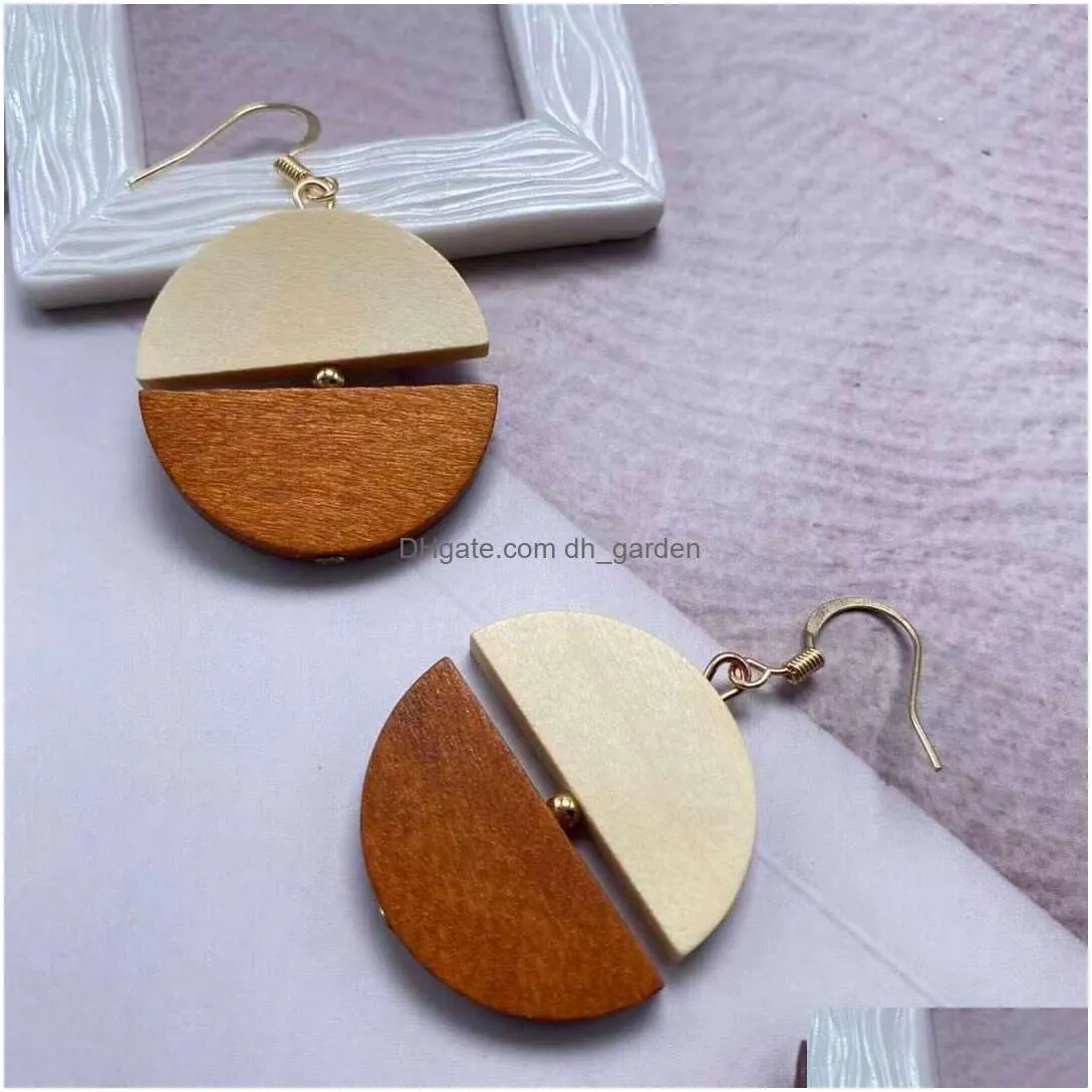 korean personality semicircular wood stitching contrasting color dangle earrings for women temperament round earring female jewelry