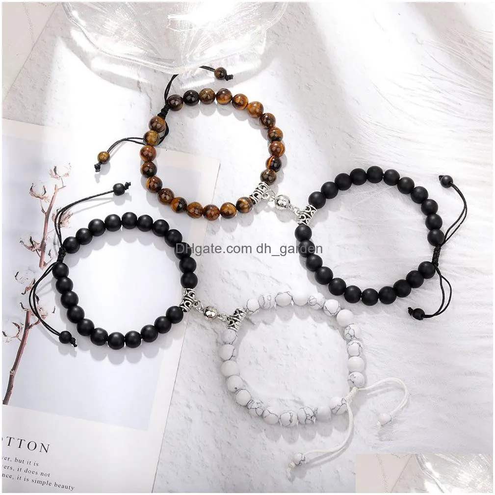 2pcs creative magnet attract couple charm strand bracelets good friend lover 8mm natural stone beads handmade braided rope woven bracelet for