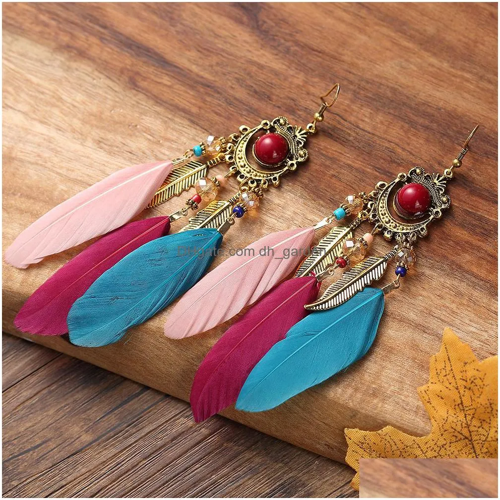 summer bohemian long feather dangle earrings for women beach chain tassel drop earring wedding bride jewelry oorbellen hangers