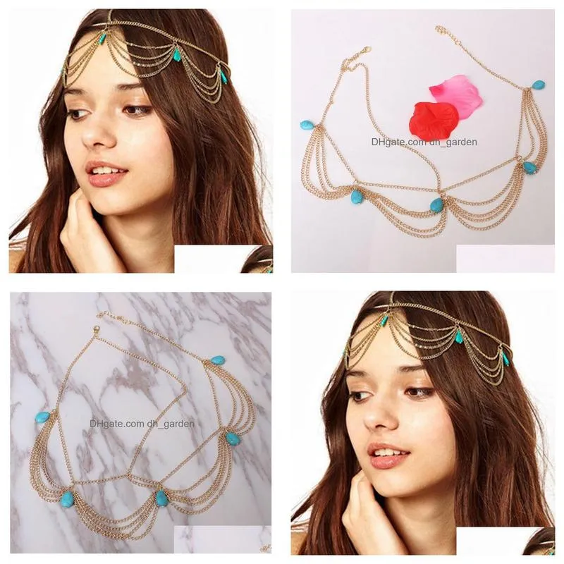 ethnic boho weddings bride hairpin accessories for women gold tassels charm hairbands green turquoises head chains jewelry