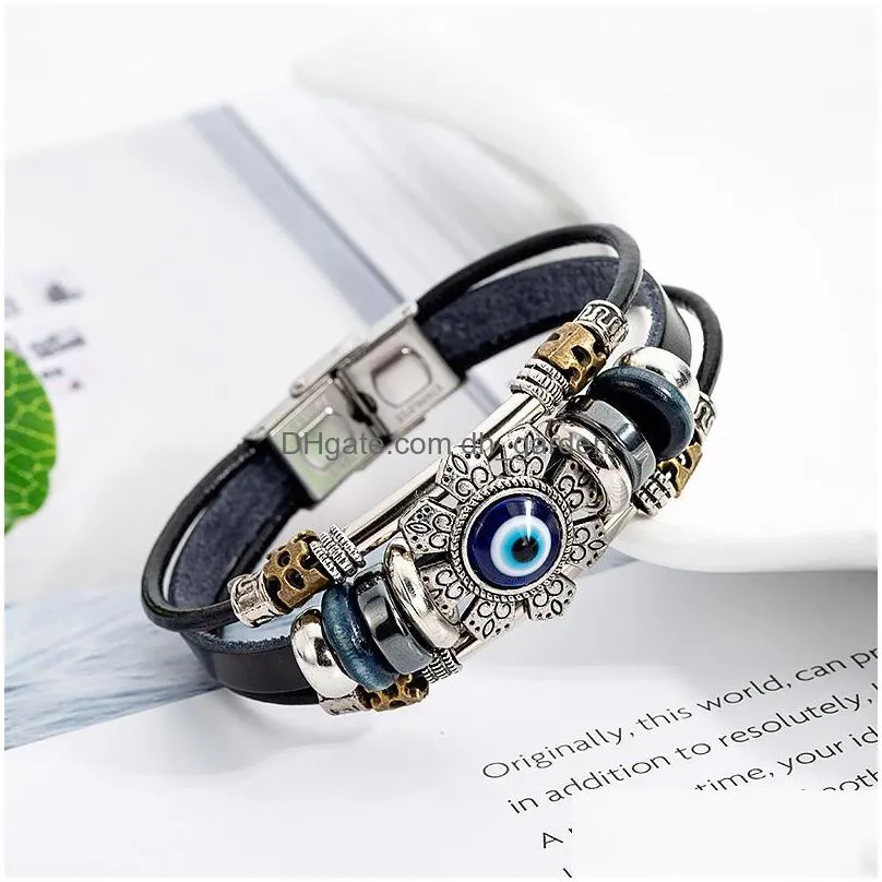 punk turkish evil eye stainless steel bend multilayer leather bracelet man woman charm flower jewelry bangle bijouterie