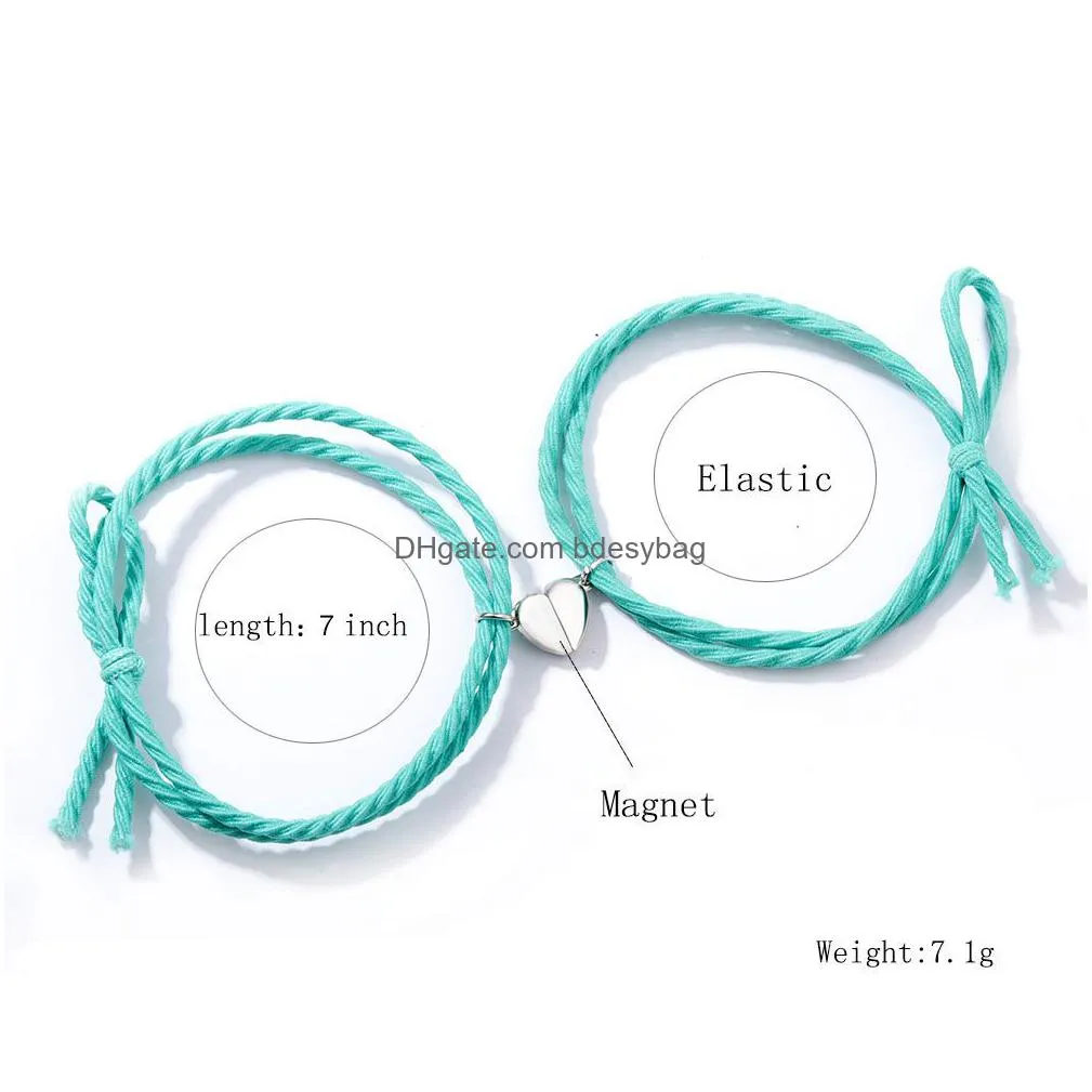 couple magnetic distance bracelet adjustable lucky rope elastic rubber band braided heart charms bracelets lovers jewelry gifts