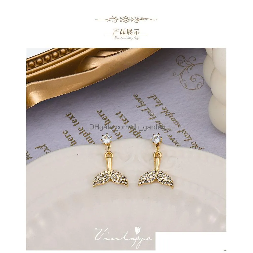 2021 new arrival trendy korean double crystal fishtail dangle earrings for women fashion geometric gold color metal party